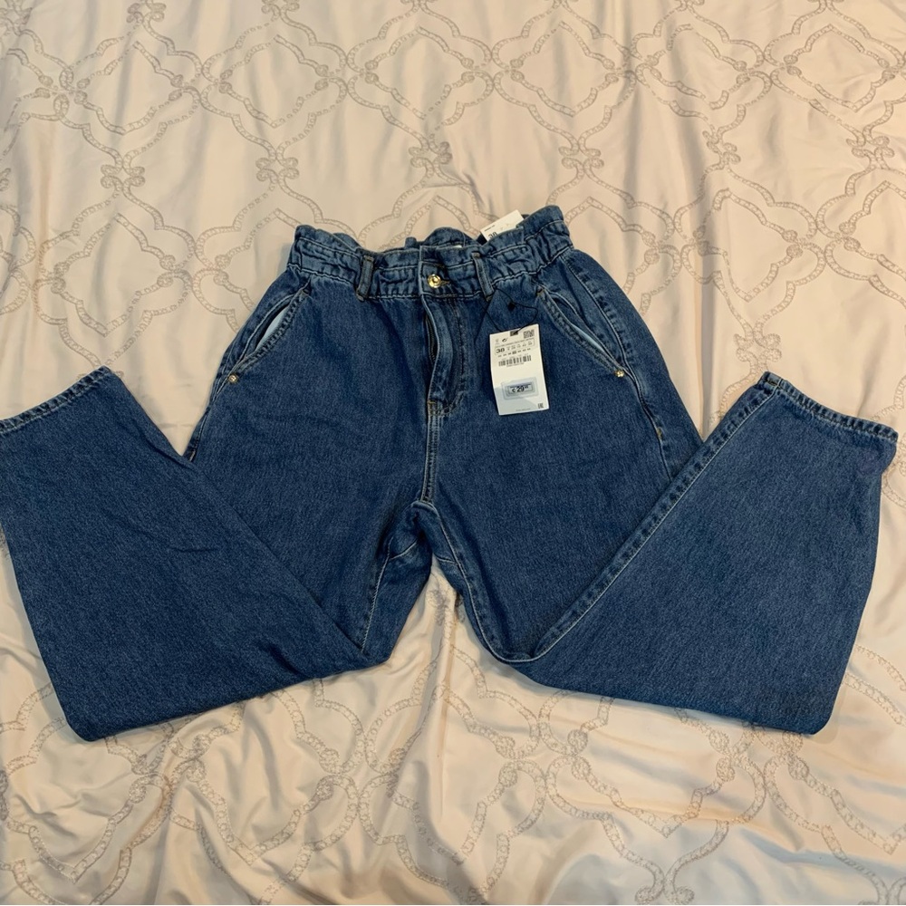 zara navy baggy fit paper bag carrot leg ankle rigid pants
